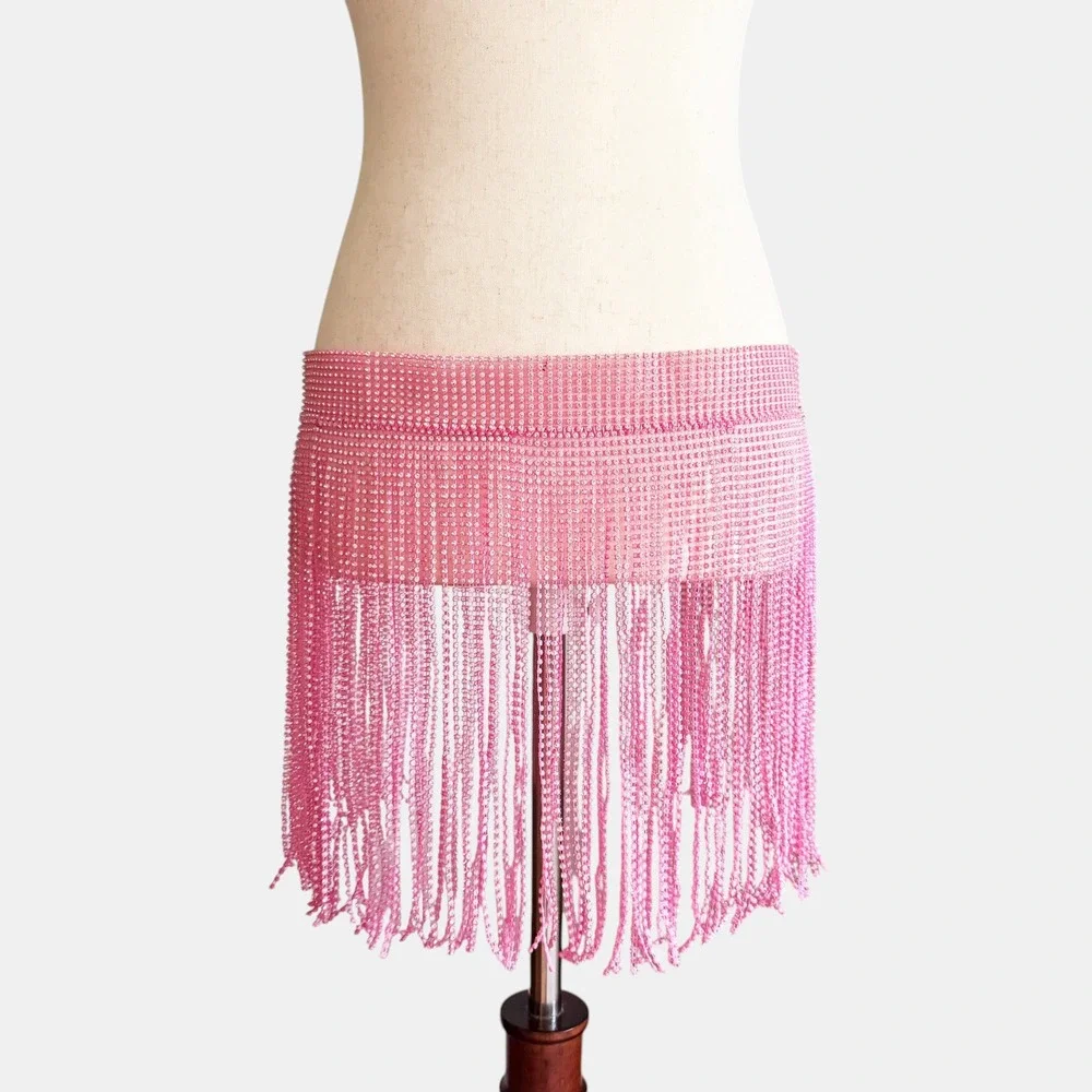 L&B Pink Rhinestone Fringe Belt Festival Rave M‎ Statement Tassel Accessory Wrap